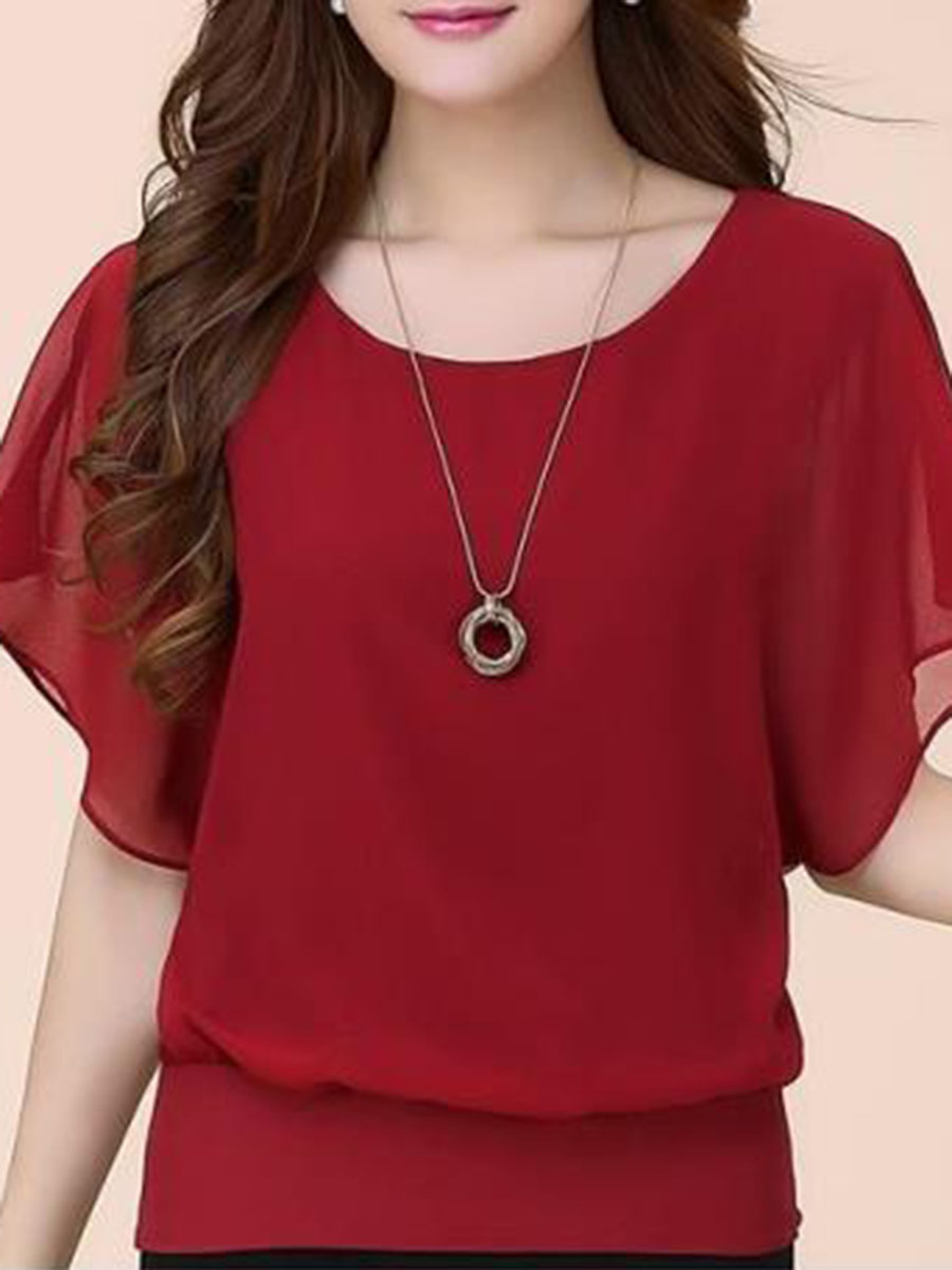 Spring Summer  Blend  Women  Crew Neck  Plain  Short Sleeve Blouses