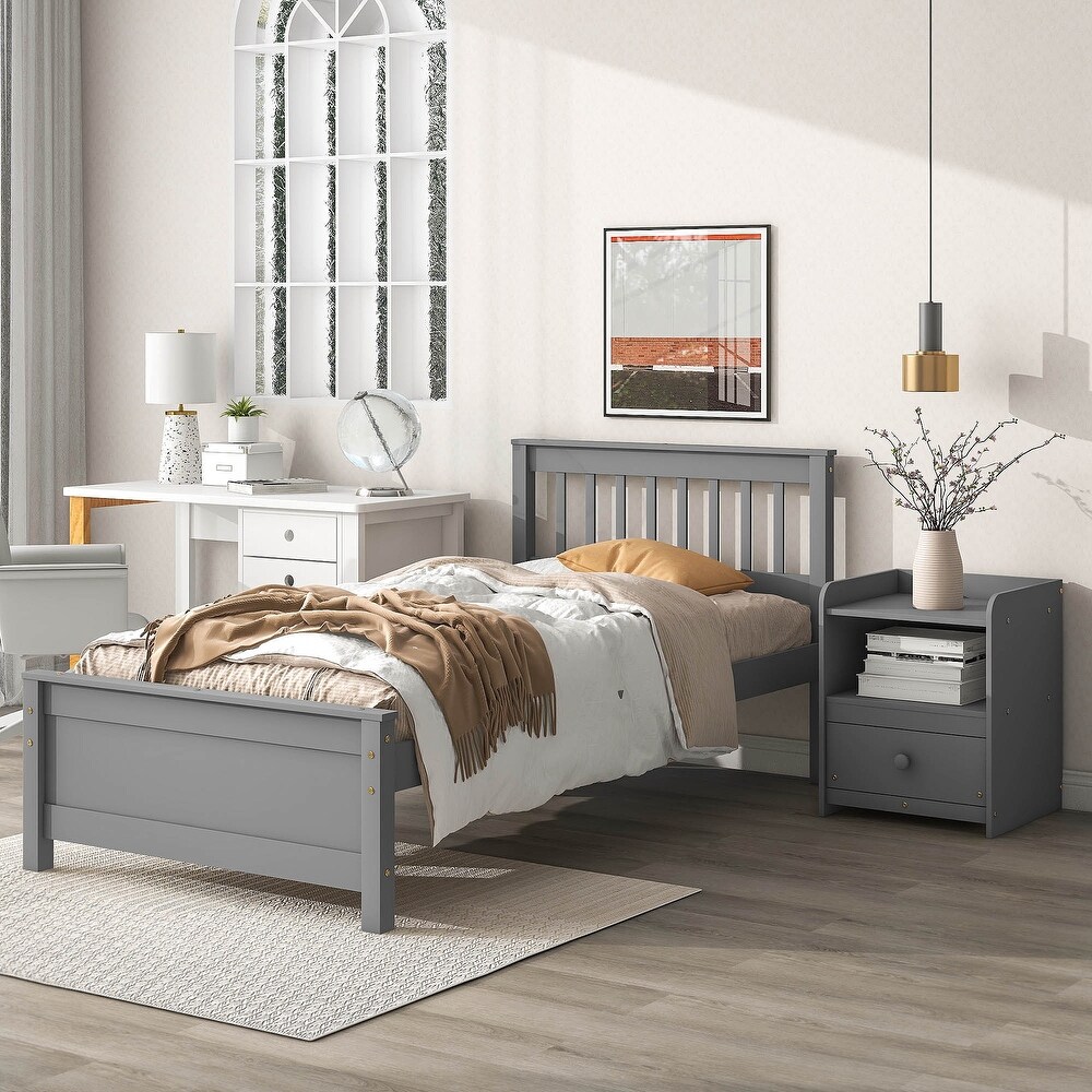 Twin Bed with Headboard and Footboard for Kids  Teens  Adults with a Nightstand