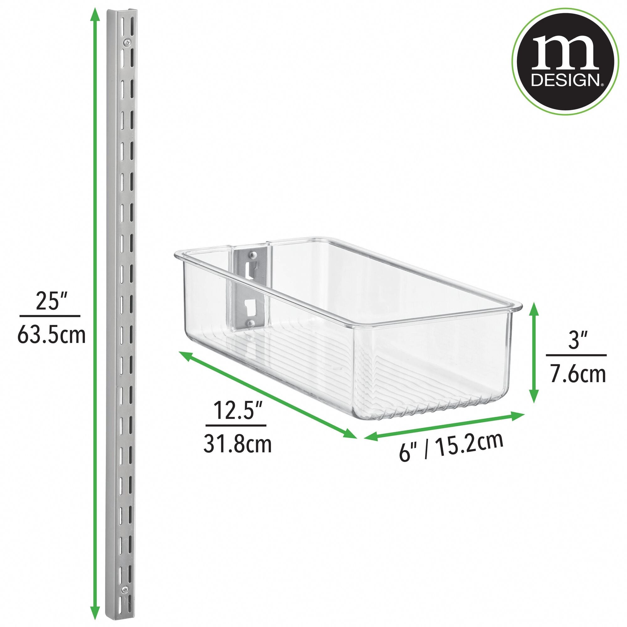 mDesign Plastic Wall Mount Bins with Metal Hanging Bar - Repositionable Bins - For Closet Storage and Organization - Holds Belts, Leggings, Shoes, Purses, Scarfs - Bins 3" high - 3 Bins + Rail - Clear