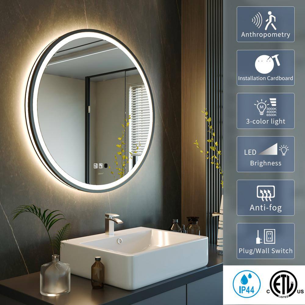 GP GANPE 32 in. W x 32 in. H Large Round Framed Anti-Fog Human Body Sensor Wall Mount Bathroom Vanity Mirror in Silver GANPE-HC2011HBI32