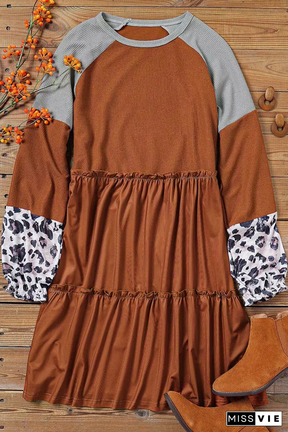 Brown Waffle Knit Leopard Patchwork Long Sleeve Dress