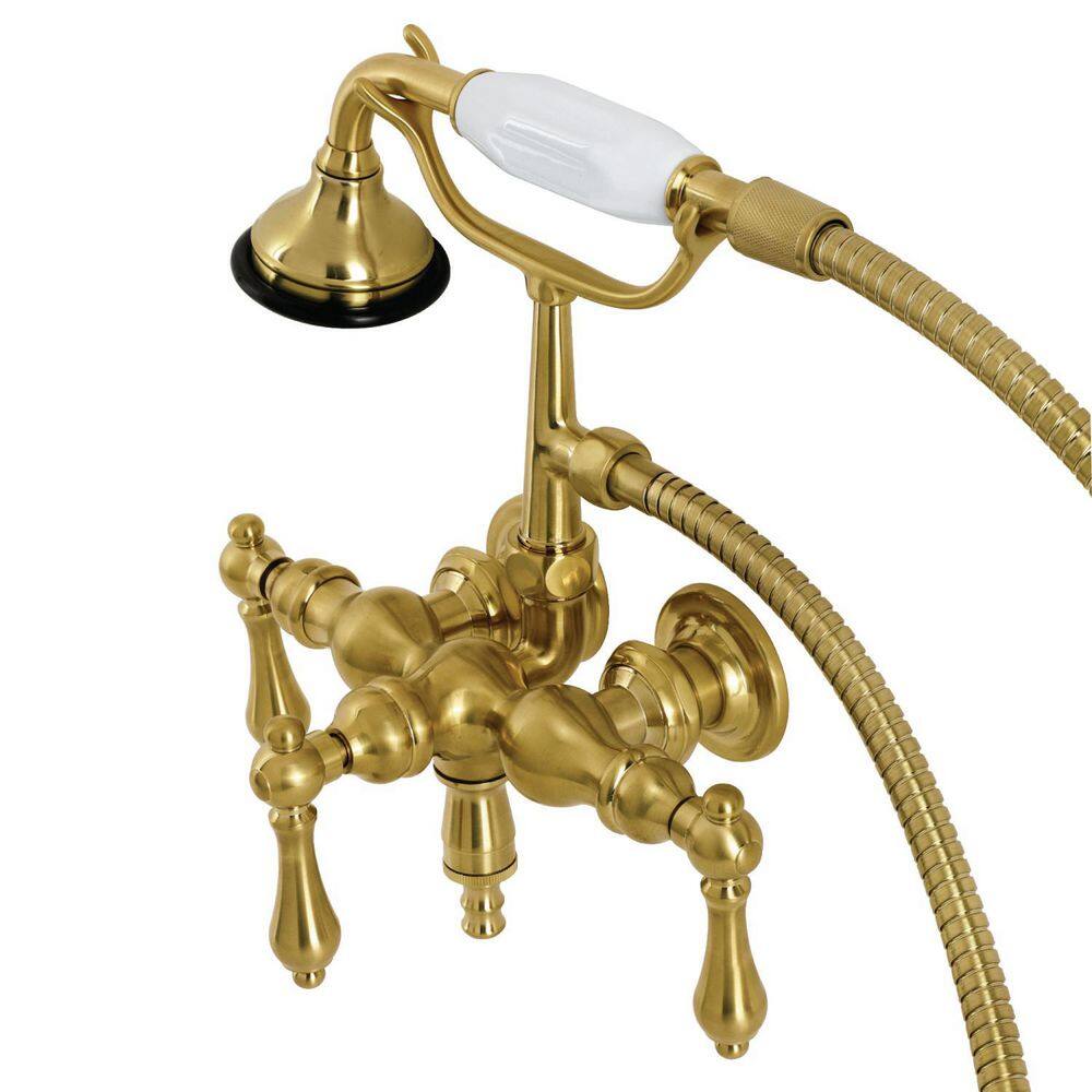 Kingston Brass Aqua Vintage 3-Handle Wall-Mount Clawfoot Tub Faucets with Hand Shower in Brushed Brass HAE19T7