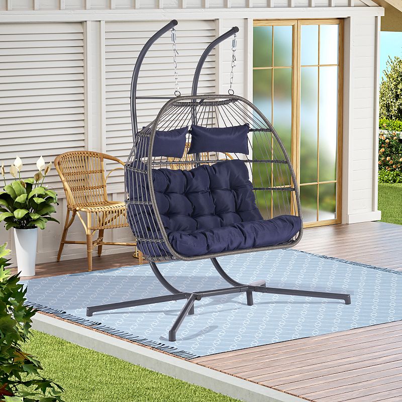 F.C Design 2 Person Outdoor Rattan Hanging Chair - Patio Wicker Egg Chair for Relaxation and Comfort