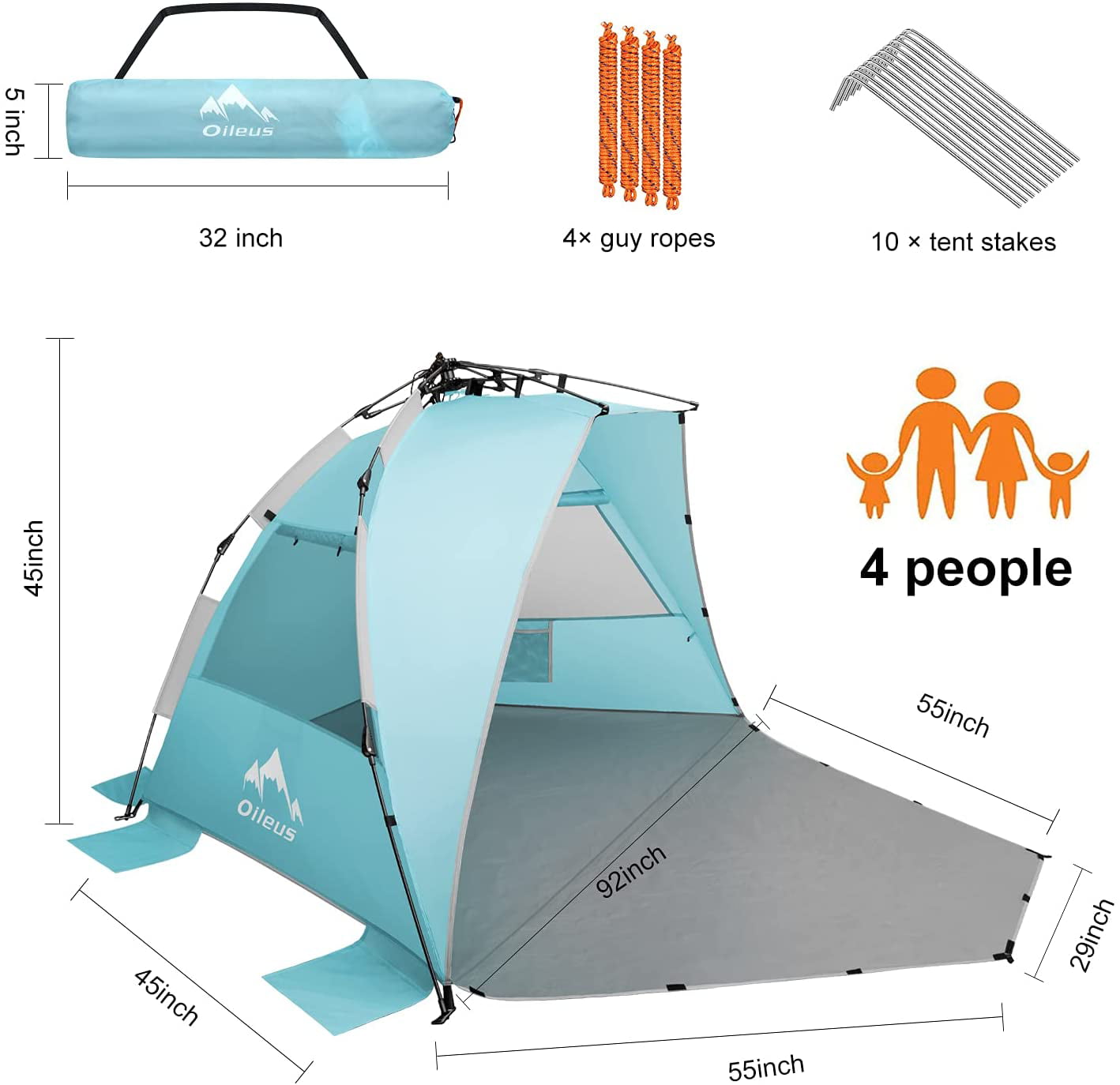 Oileus Beach Tent X-Large 4 Person Tent Sun Shelter， Pop Up Tents for Beach with Carry Bag， Portable Sun Shade， Stakes， 6 Sand Pockets， Anti UV for Camping， Waterproof， Windproof， Sky Blue