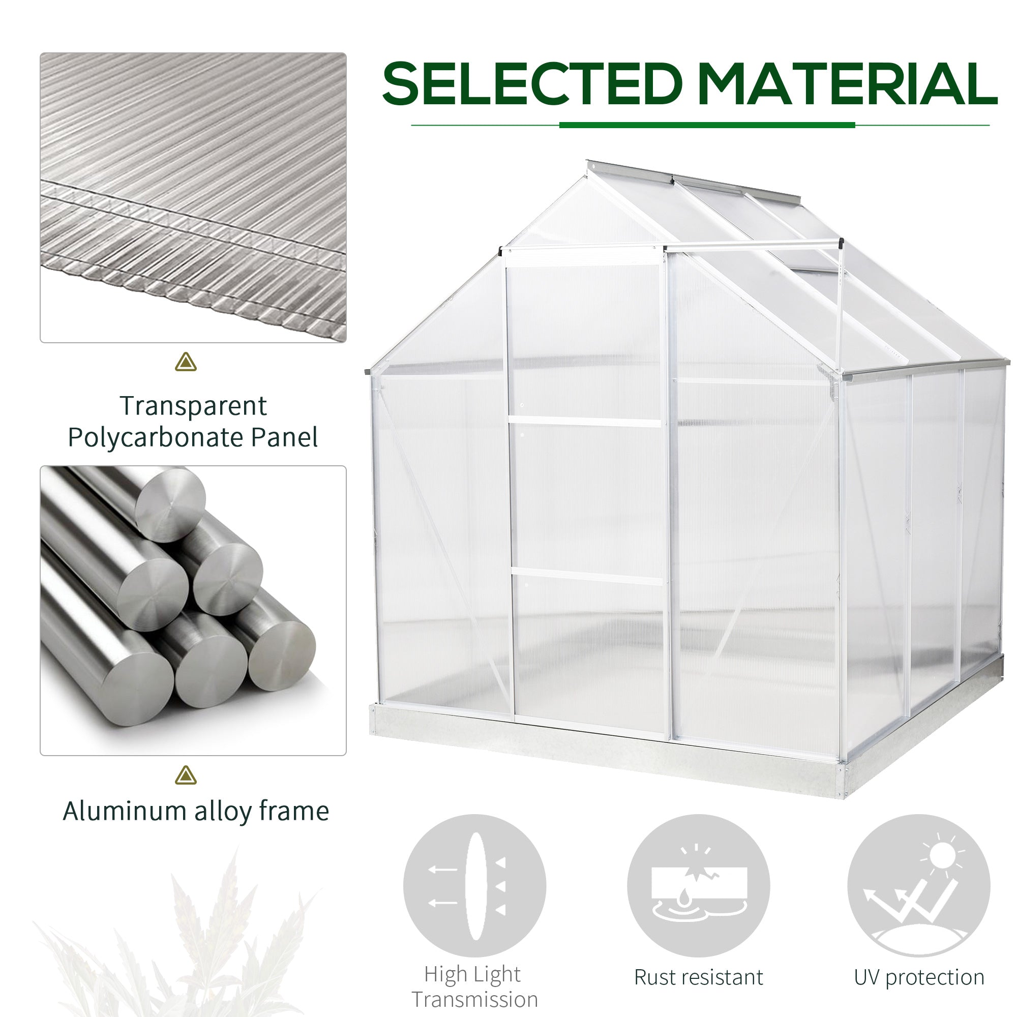 Outsunny 6' x 6' Polycarbonate Greenhouse with Aluminum Frame, Walk-in Garden Greenhouse Kit with Adjustable Roof Vent, Rain Gutter and Sliding Door for Winter, Silver