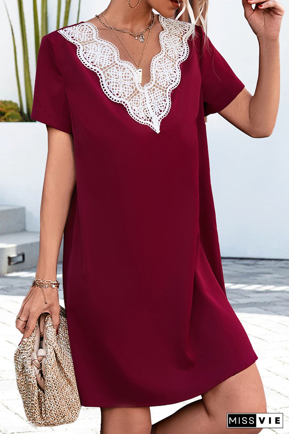 V Neck Lace Edge T-Shirt Dress