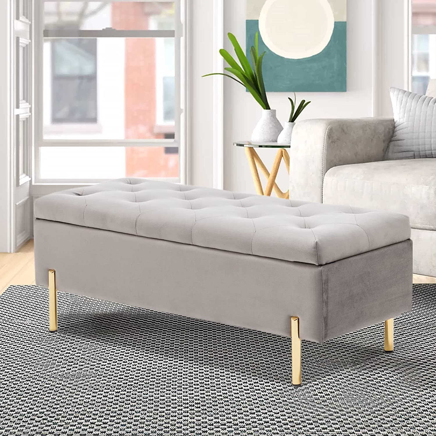 Andeworld Ottoman with Storage Bench, Modern Velvet Upholstered Rectangular Tufted Footstool Bench, Large Storage Bench for Bedroom,Living Room,Entryway (Grey)