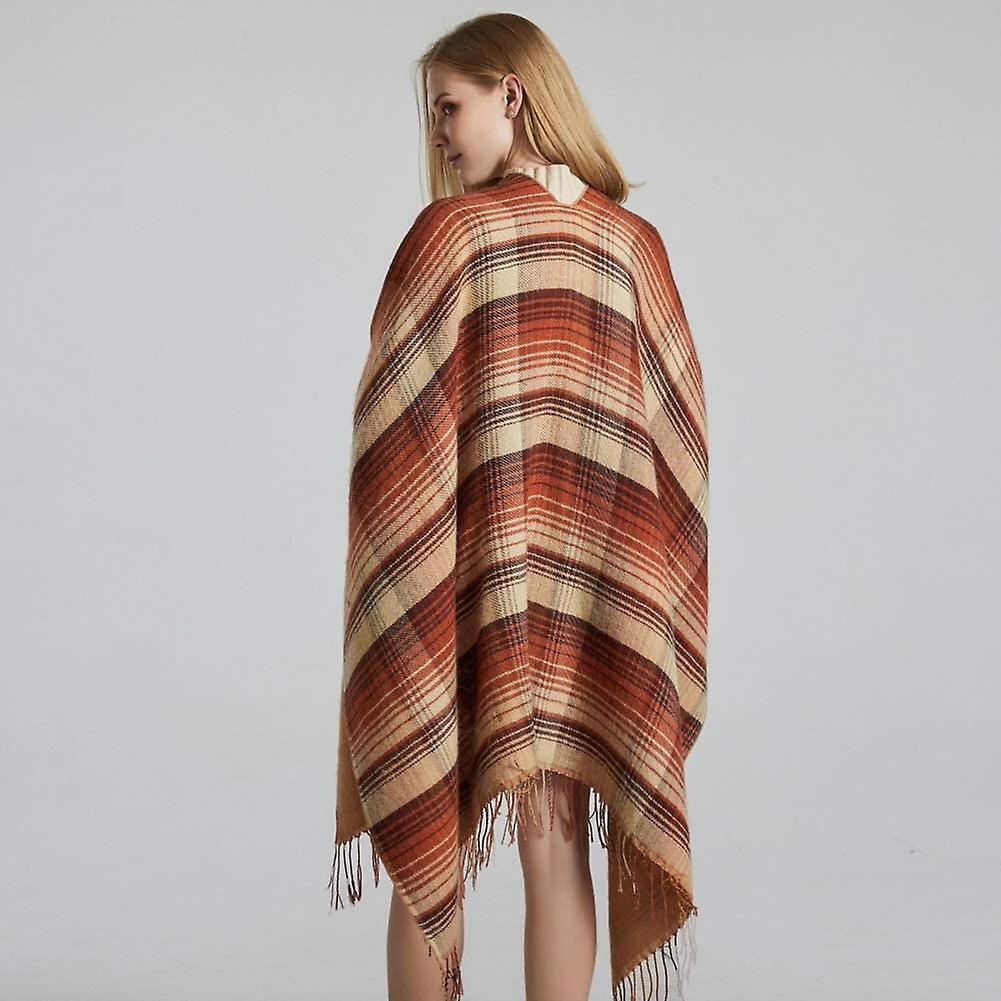 Women's Tassel Plaid Poncho Pashmina Shawl Wrap Cape Sweater Khaki -