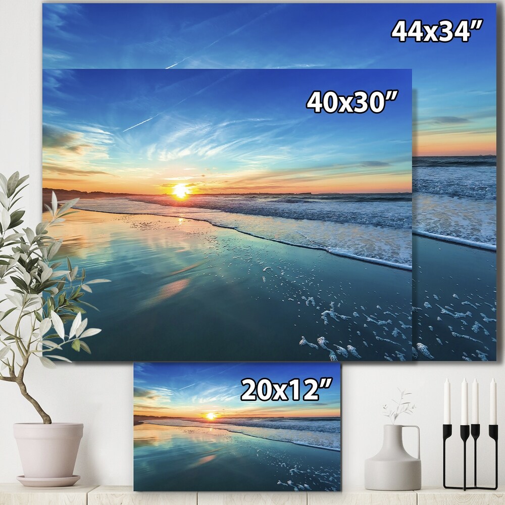 Blue Seashore with Distant Sunset   Seashore Canvas Wall Art