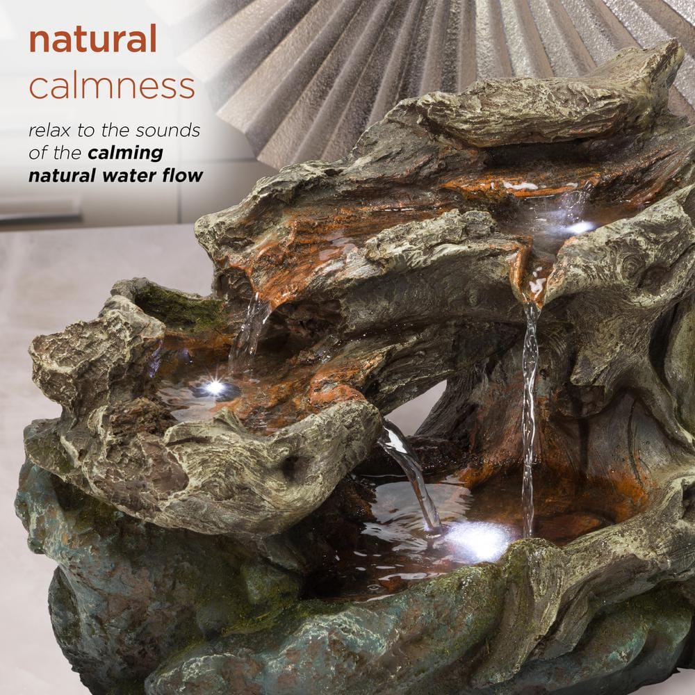 Alpine Corporation 10 in. Tall Tabletop 3-Tier Waterfall Rock Fountain with LED Lights WIN1334