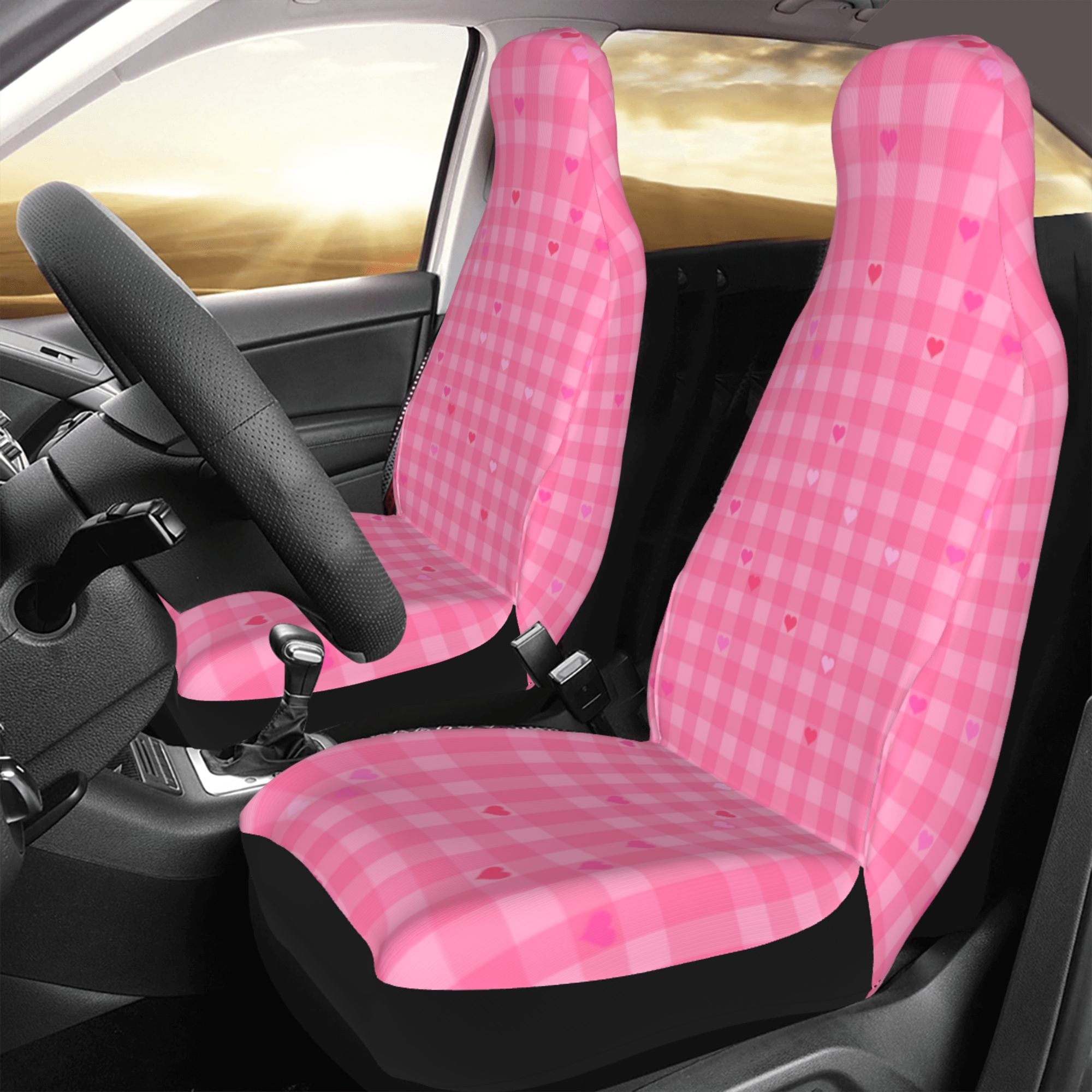 Easy to Install Car Universal Seat Cover， Pink Hearts Checkered Four Seasons Universal Front Seat Cover， 2-Piece