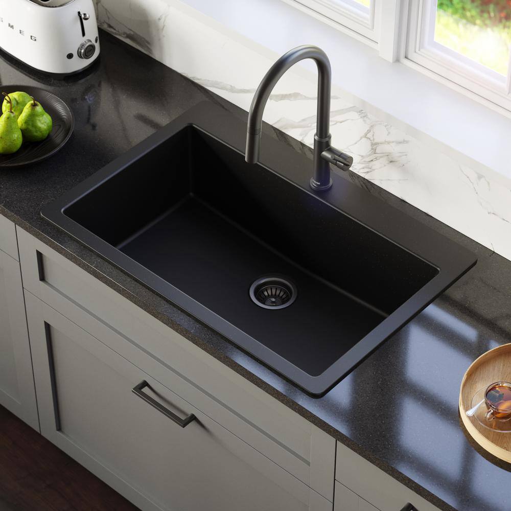 Karran Quartz 33 in. Large Single Bowl Drop-In Kitchen Sink in Black QT-812-BL