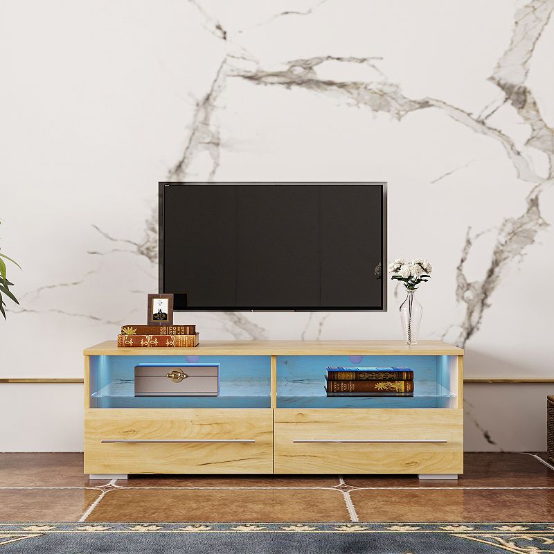 FC Design The Wood grain color TV cabinet has two drawers with color-changing light strips