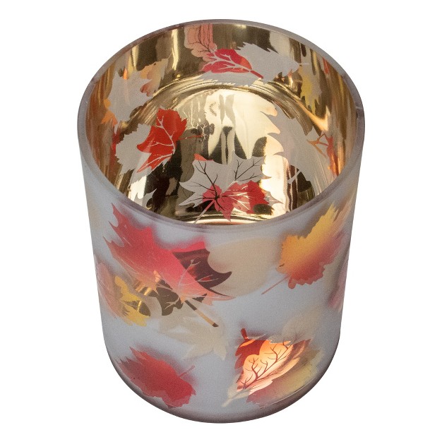 Matte White And Gold Autumn Leaves Flameless Glass Candle Holder