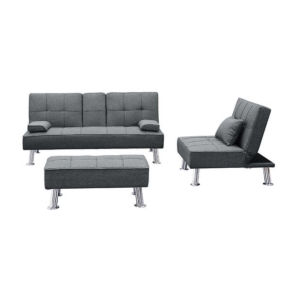 3 Pcs Sets Fabric Folding Sofa Bed with 2 Cup Holders， Removable Armrest and Metal Legs， Single Sofa Bed with Ottoman