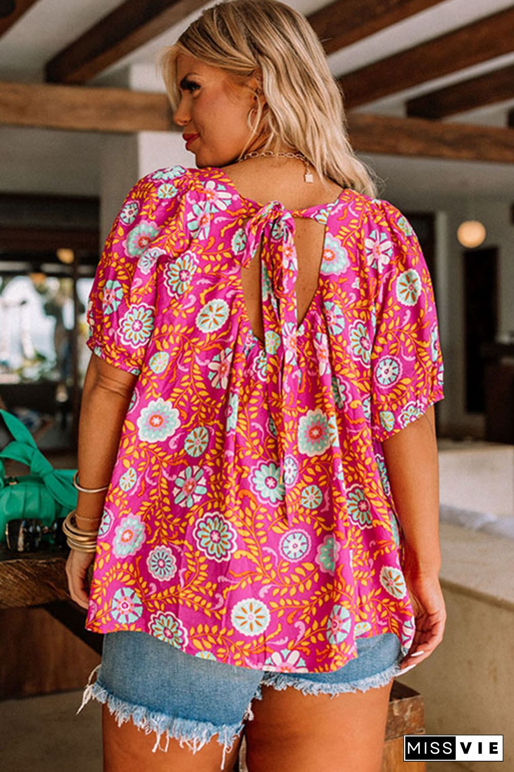 Rose Plus Size Floral Print Tie Back Blouse