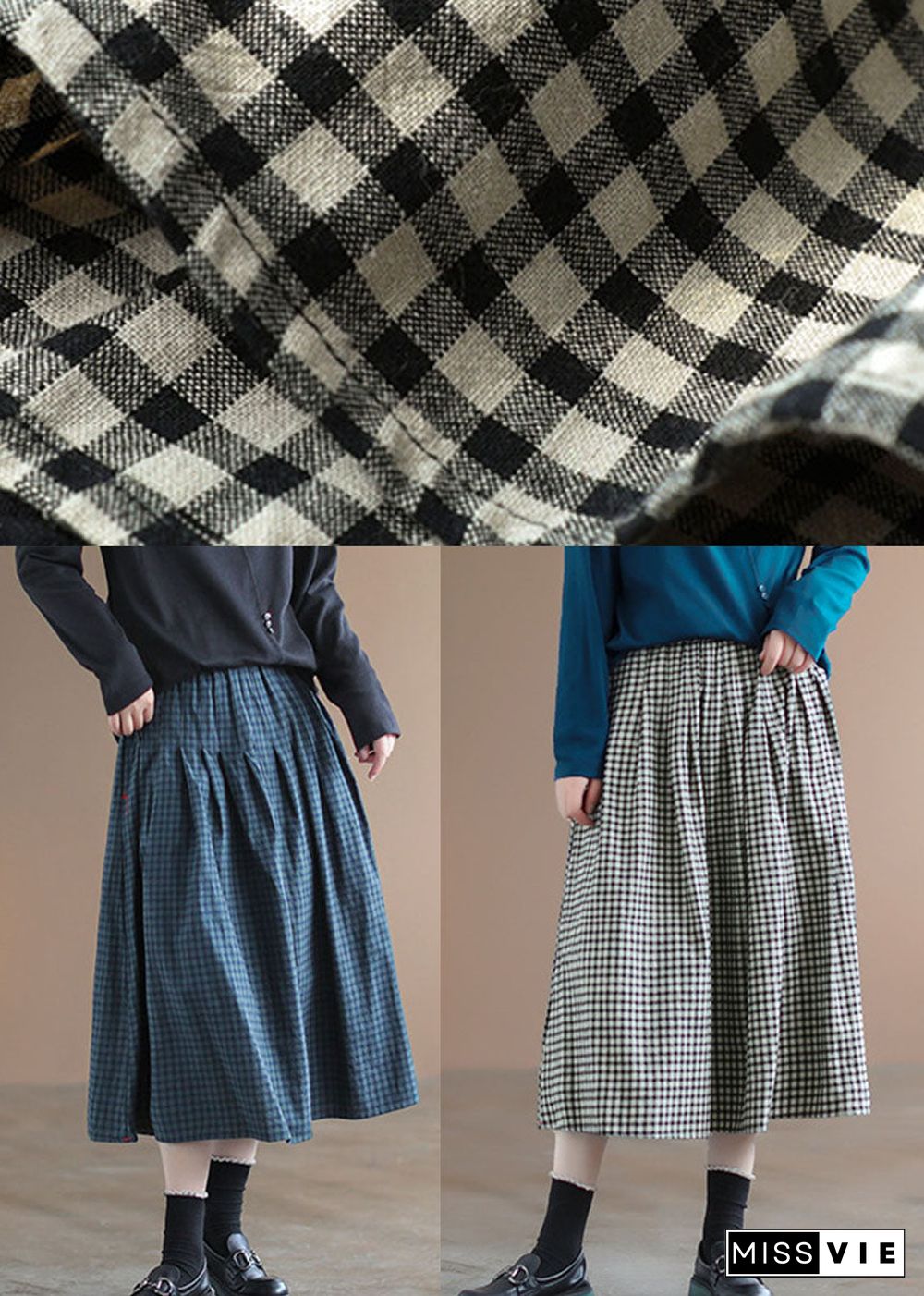 Handmade Blue Plaid Elastic Waist Pockets Fall Skirt