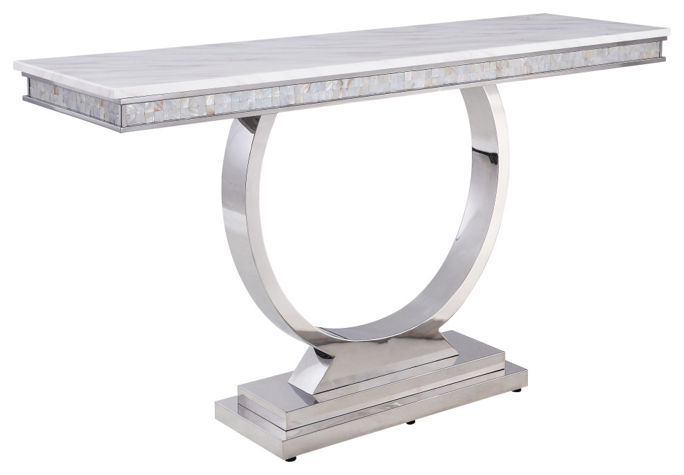 Sofa Table  White Printed Faux Marble and Mirrored Silver Finish   Contemporary   Console Tables   by Acme Furniture  Houzz