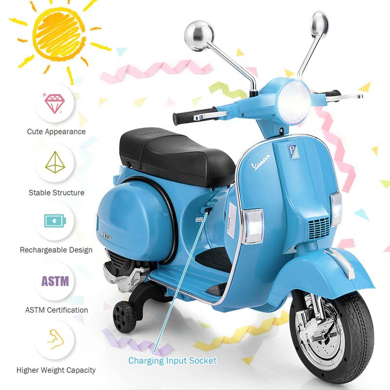 6V Kids Ride on Vespa Scooter Battery Powered Electric Riding Toy Motorcycle with Training Wheels