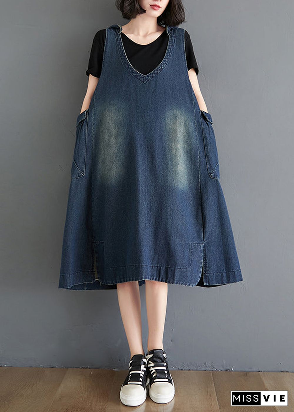 Modern Blue HoodedPockets Patchwork Denim Waistcoat Long Dress Sleeveless