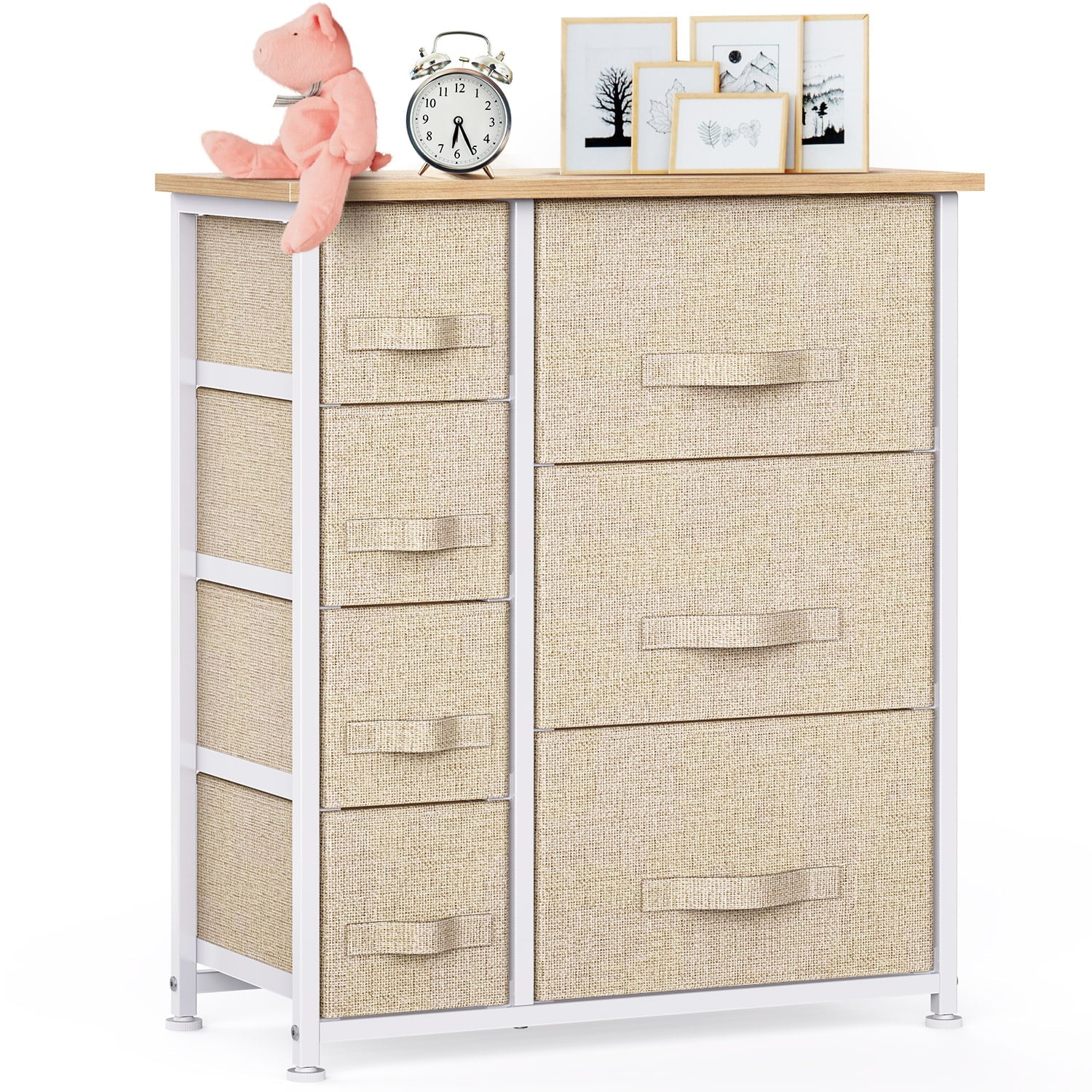 Beige Modern 7 Drawer Fabric Dresser with Wood Top