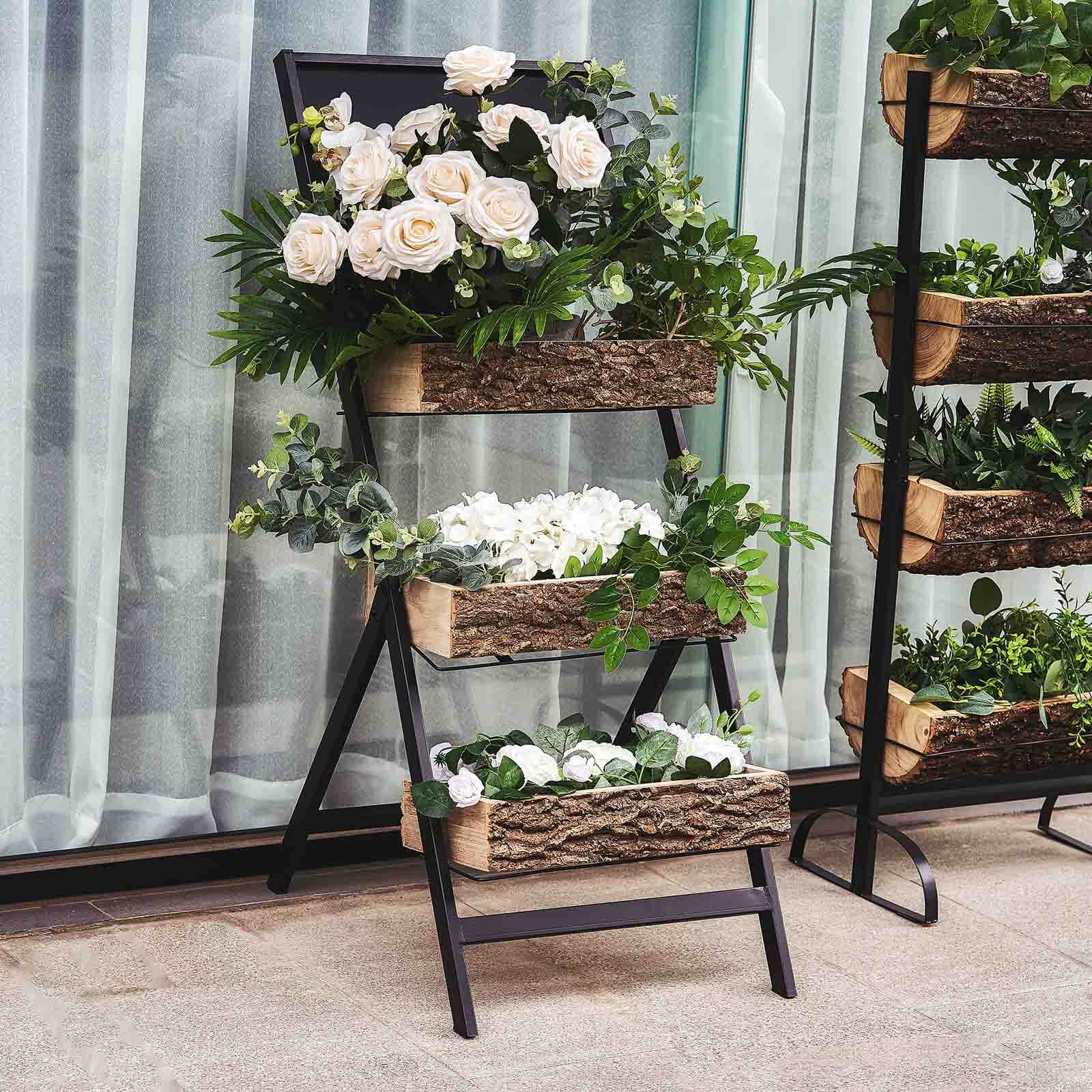 3-Tier Metal Ladder Plant Stand With Natural Wooden Log Planters 42