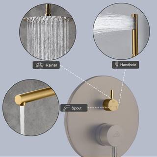 CASAINC 1-Spray Patterns Round 10 in. Wall Mount Dual Shower Heads with Handheld and Tub Faucet in Brushed Gold M6202-A-10-BG