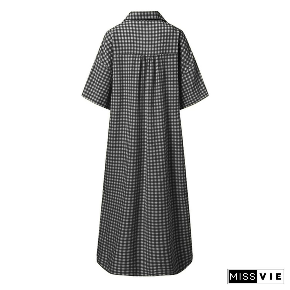 Women Half Sleeve Collared Kaftan Casual Grid Printed Button Down Plus Size Long Maxi Shirt Dress