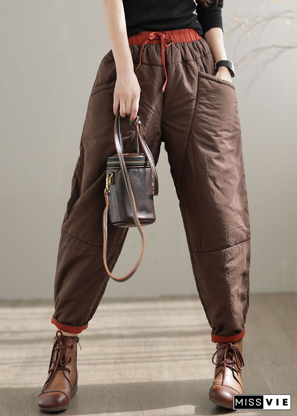 Khaki Patchwork Fine Cotton Filled Pants Elastic Waist Oversized Drawstring Winter