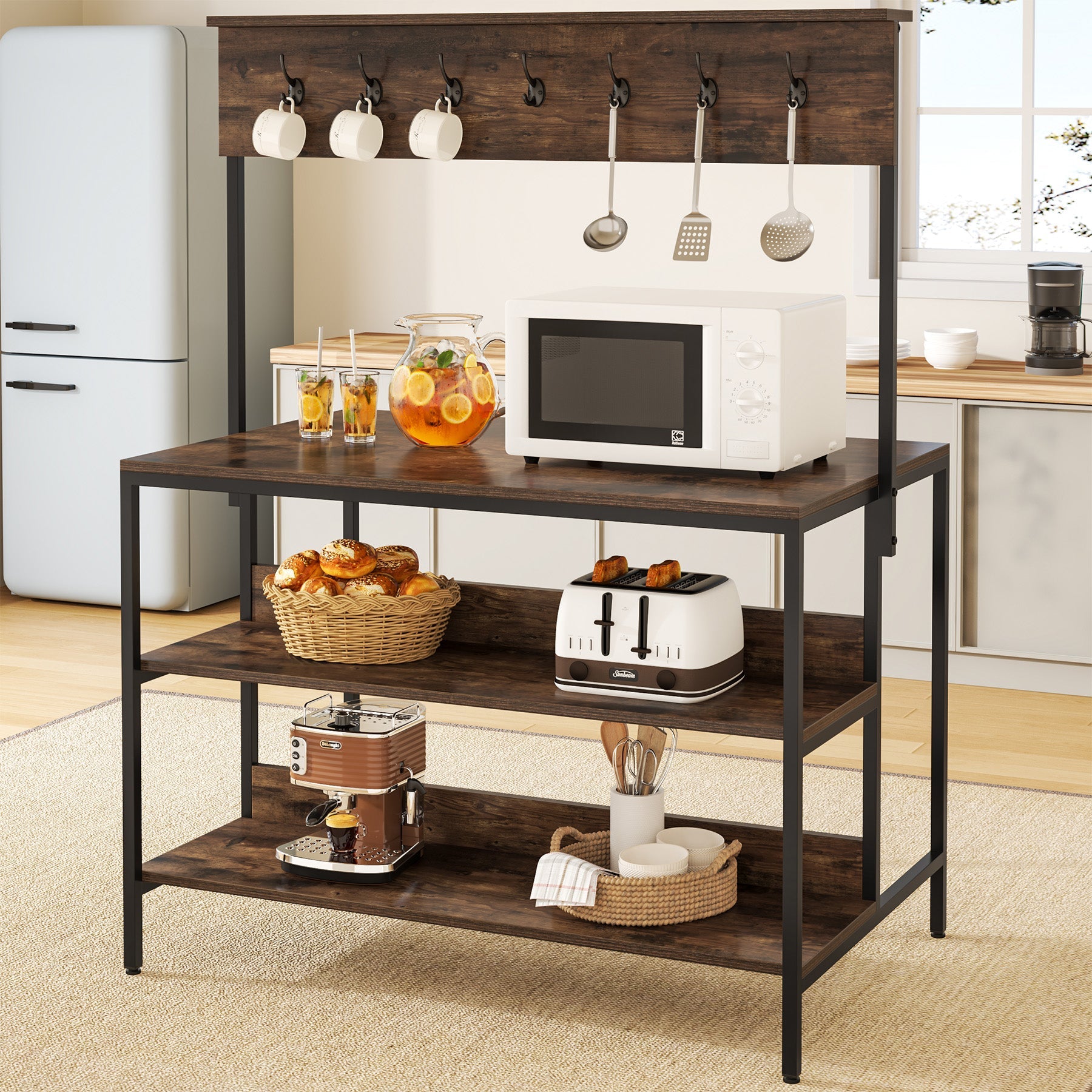 3 Tiers Kitchen Island Kitchen Storage Shelf with 14 Hooks