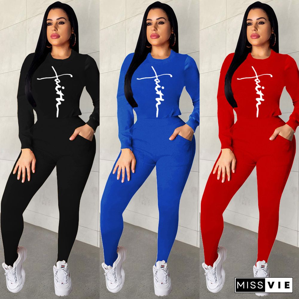 Letter Print Long Sleeve T-shirt and Pants Tracksuit