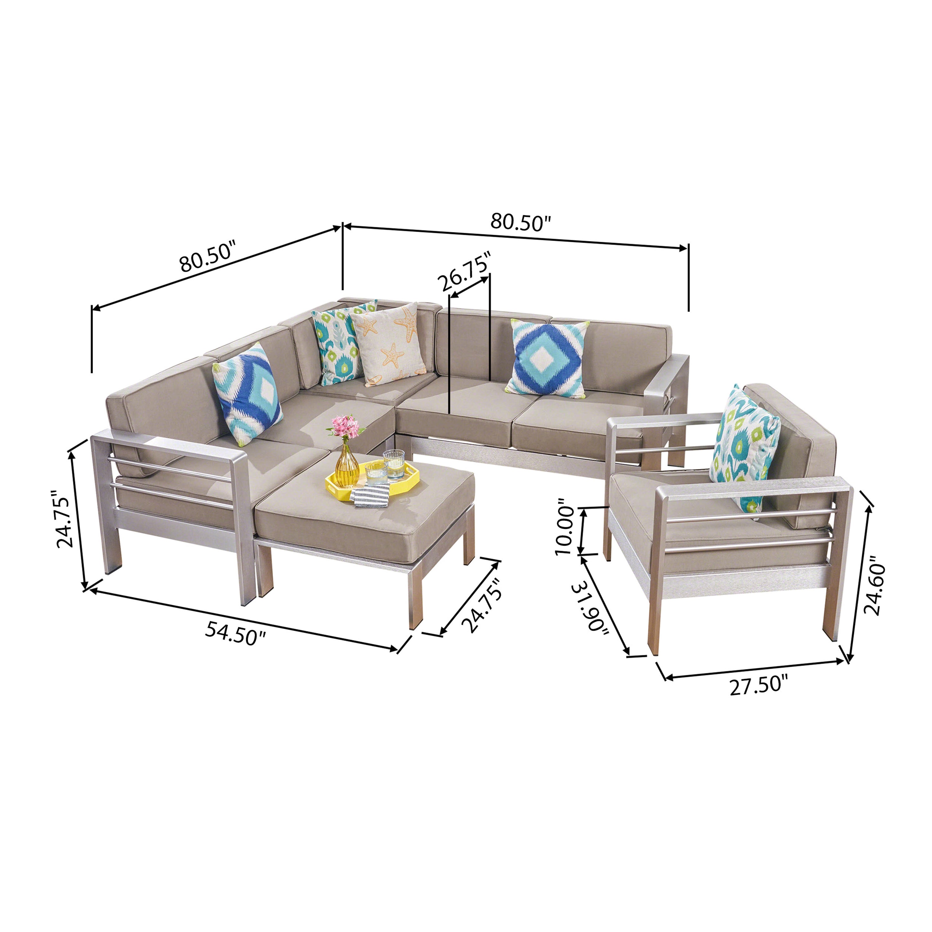 Emily Coral Outdoor Aluminum 6-Seater V-Shaped Sectional Sofa Set with Ottoman