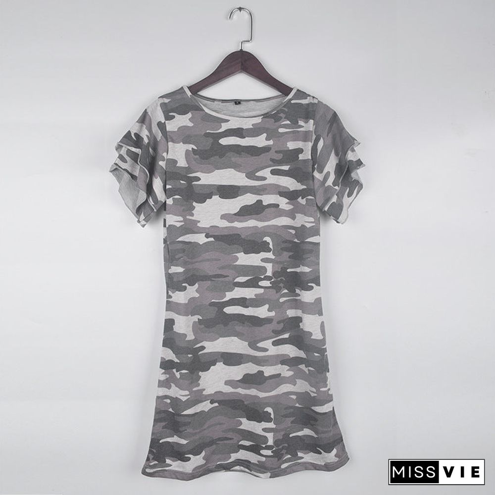 Cool Layered Angel Sleeves Camo Bodycon Camouflage Short Dress