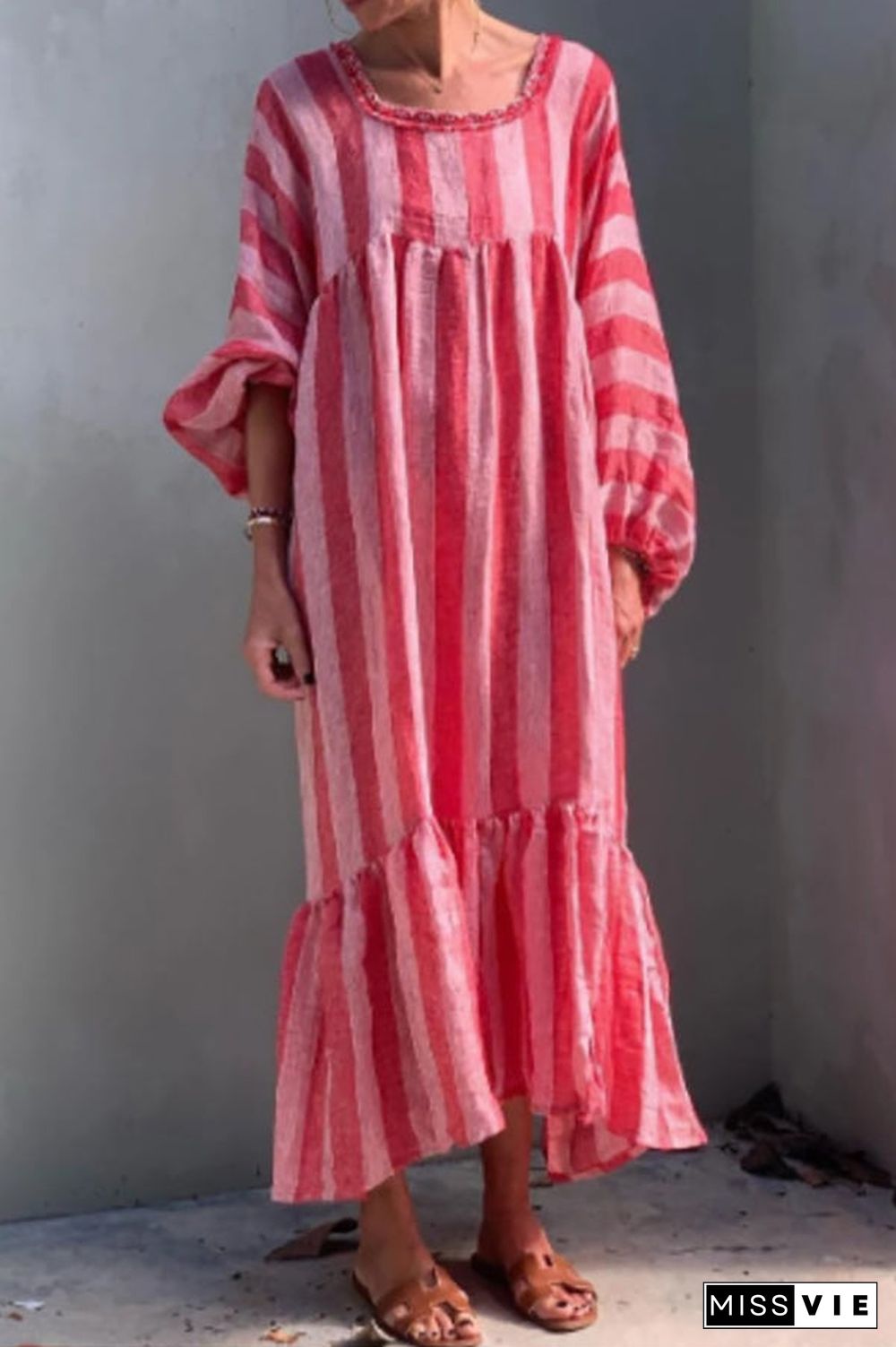 Stripe Square Neck Ruffles Maxi Dress