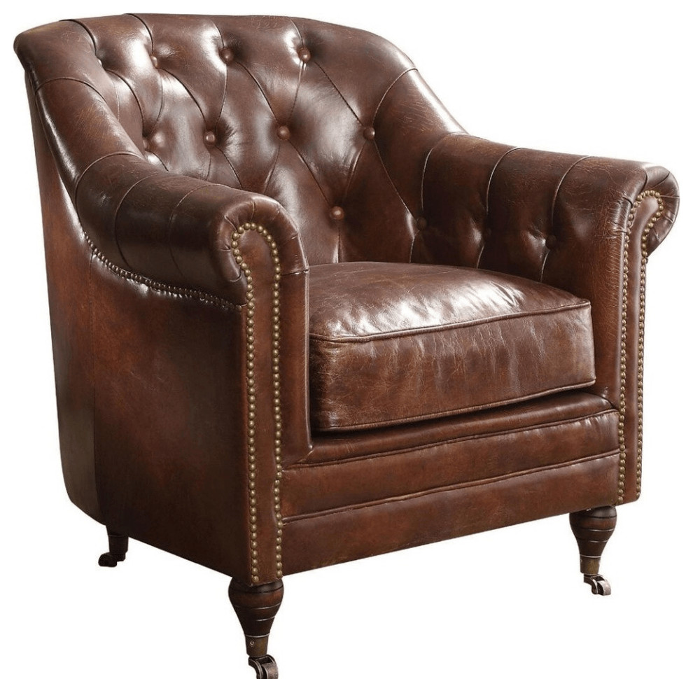 34 quotTop Grain Leather And Brown Tufted Chesterfield Chair   Armchairs And Accent Chairs   by HomeRoots  Houzz