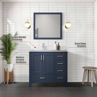 Lexora Jacques 36 in. W x 22 in. D Left Offset Navy Blue Bath Vanity Carrara Marble Top and 34 in. Mirror LJ342236SEDSM34L