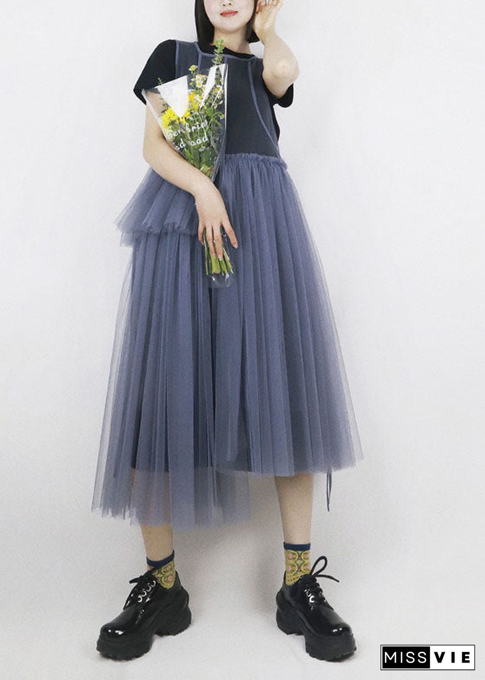 Casual Blue Asymmetrical Design Tulle Robe Dresses Long Smock Summer