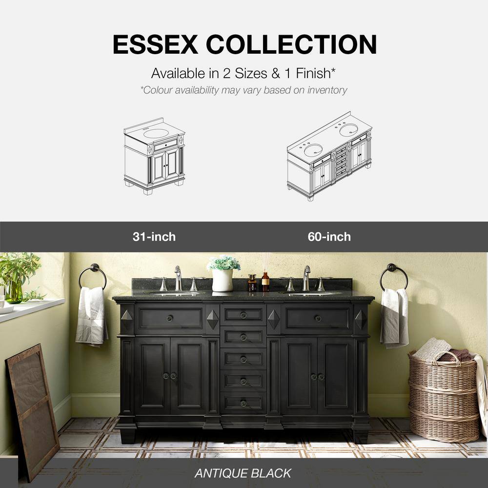 OVE Decors Essex 60 in. W x 21 in. D Vanity in Antique Black with Granite Vanity Top in Black with White Basin Essex 60