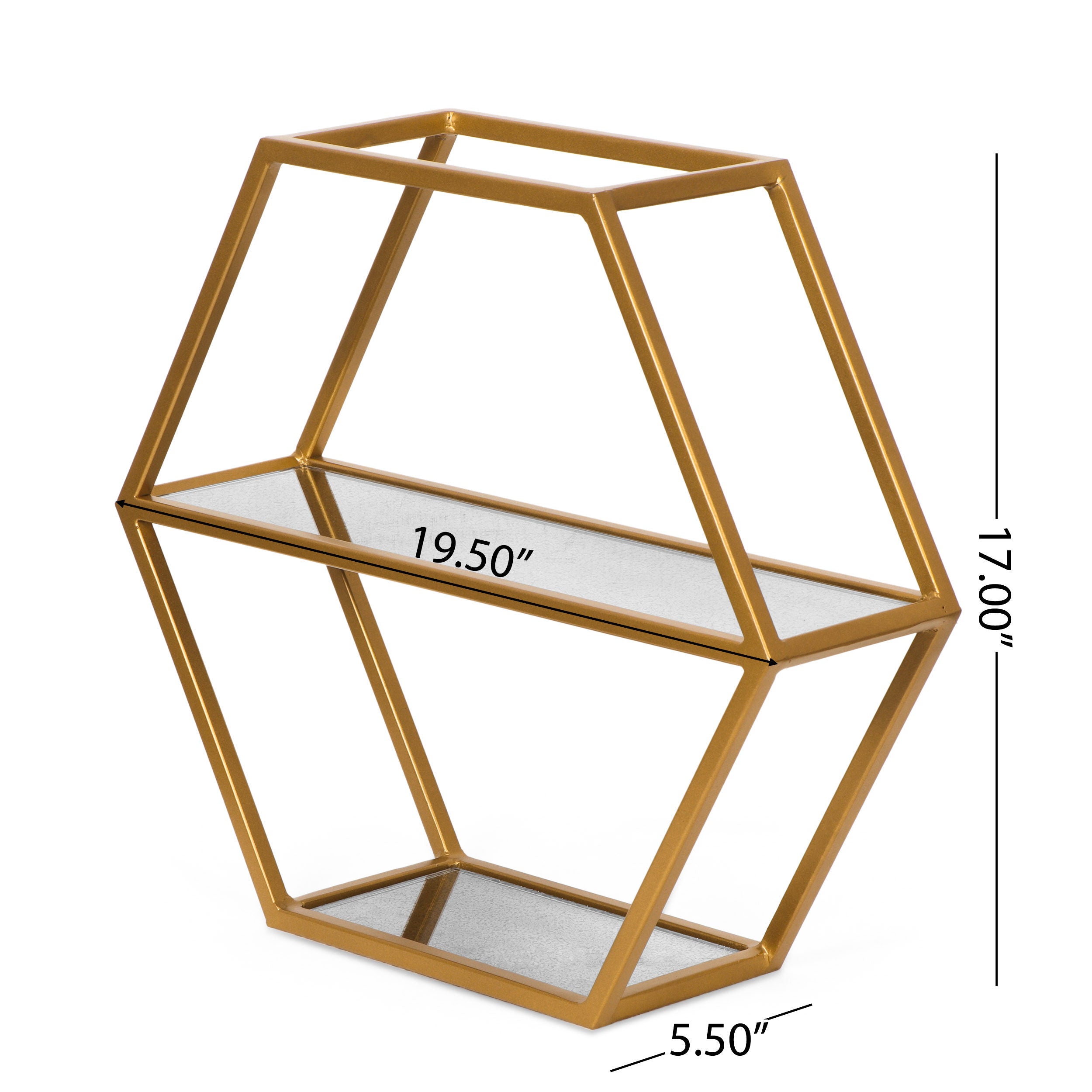 Noble House Hurford Glass Handcrafted 2 Shelf Hexagonal Decorative Shelf, Antique Gold