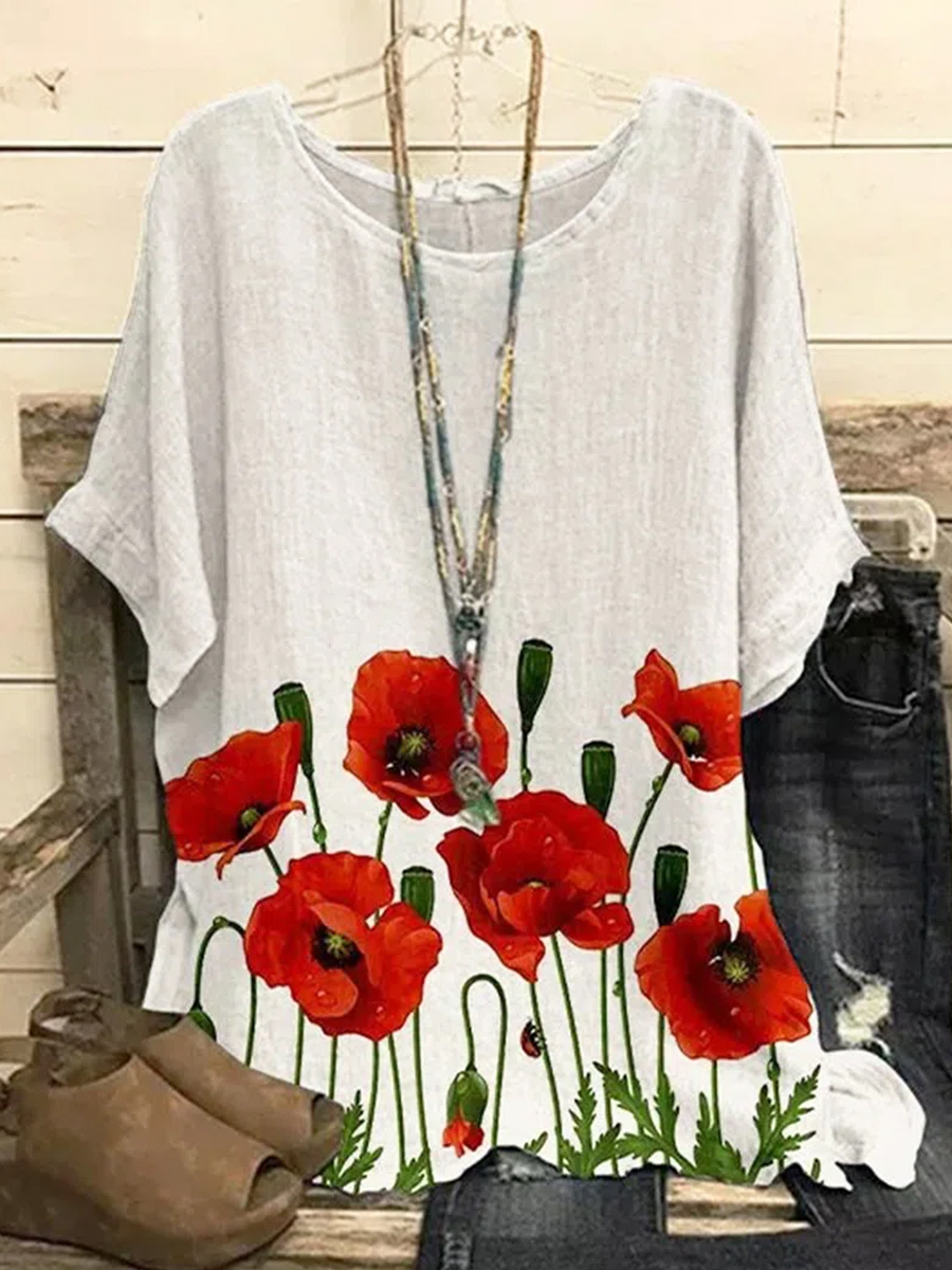 Casual Floral Print Crew-Neck Short Sleeve Blouse