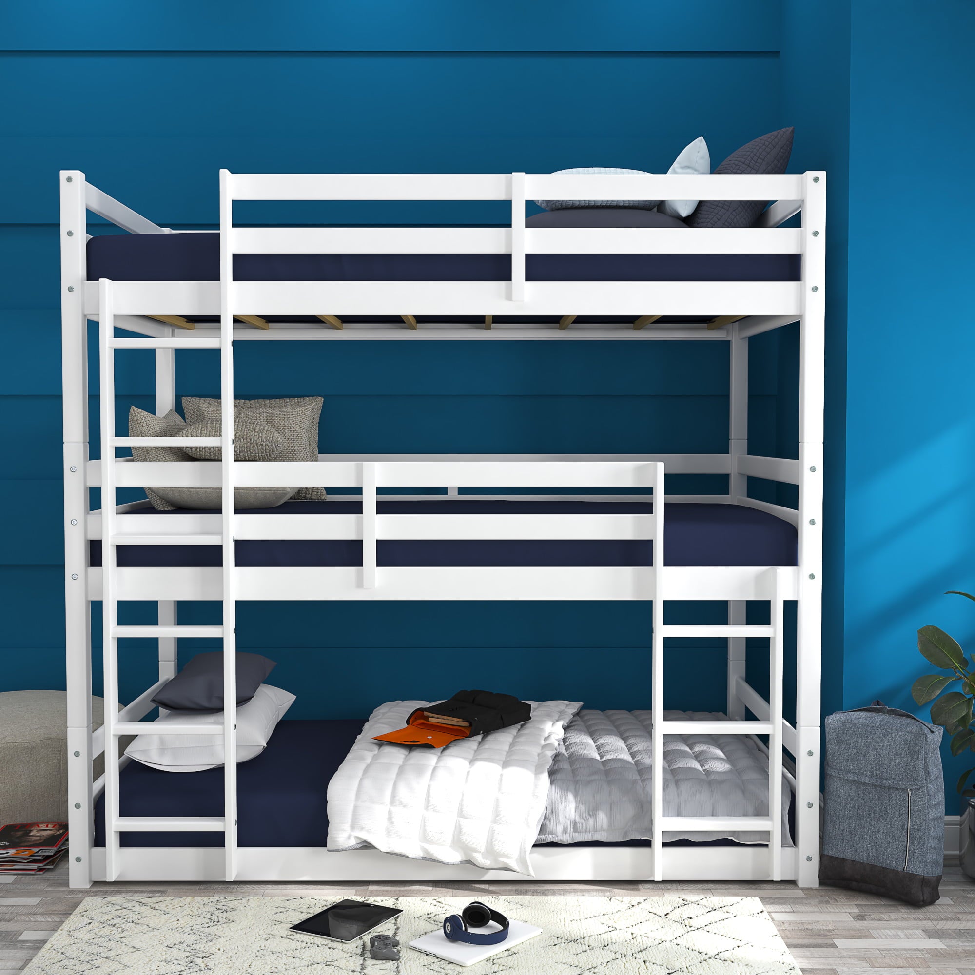 Campbell Wood Triple Twin Convertible Bunk Bed, White