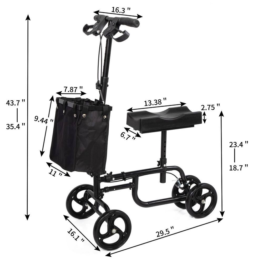 Tidoin Lightweight 4-Wheel Rollator Black Folding Knee Scooter Steerable Leg Walker in Iron with Bag and Dual Braking System BSS-YDW1-6405