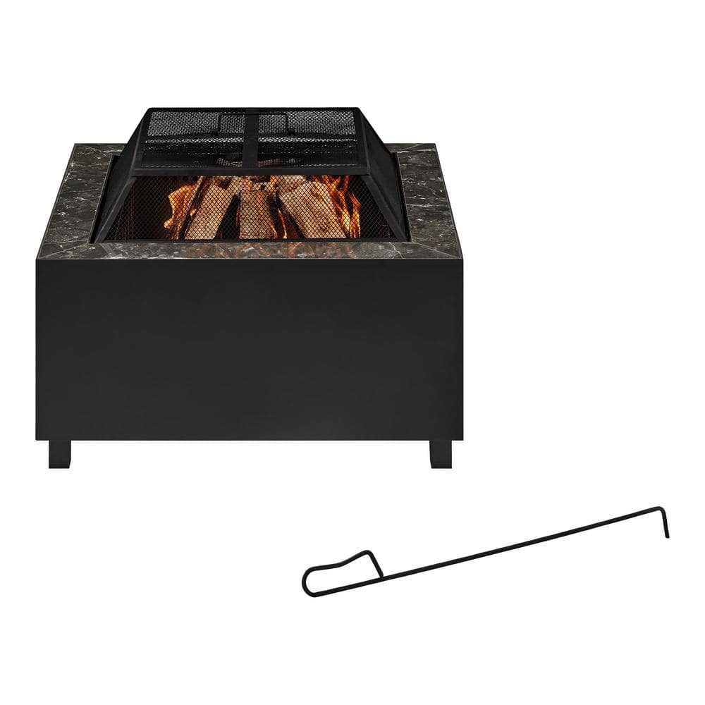 Hampton Bay Nickleby 33 in. Cube Steel Black Low Smoke Wood Burning Fire Pit with Stainless Steel Bowl and Black Marble Tile Top 2391FP-2