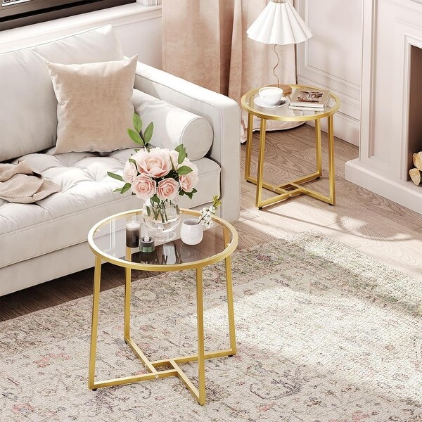 Coffee Table Set of 2，Gold End Table with Glass Top，Round Table