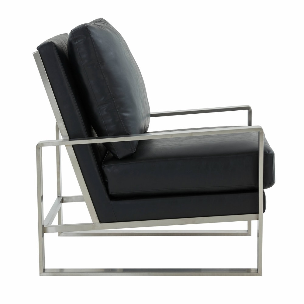 LeisureMod Jefferson Leather Arm Chairs with Silver Frame and Coffee Table with Geometric Base   36\