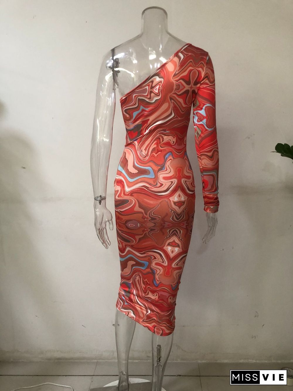 Sexy Printed Slanted Shoulder Long Sleeve Slim Dress