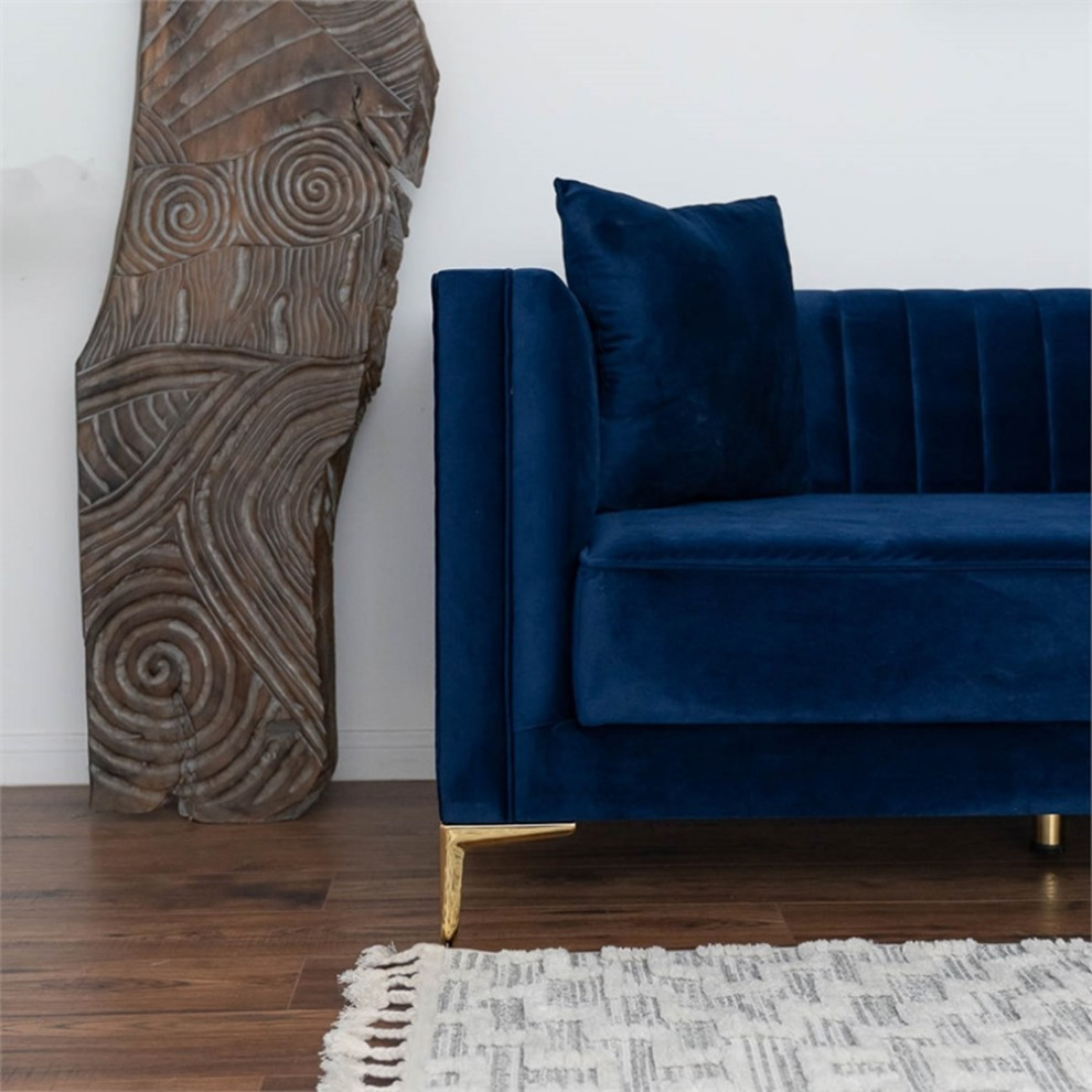 Pemberly Row Mid Century Velvet Tight Back Sofa in Dark Blue   Midcentury   Sofas   by Homesquare  Houzz