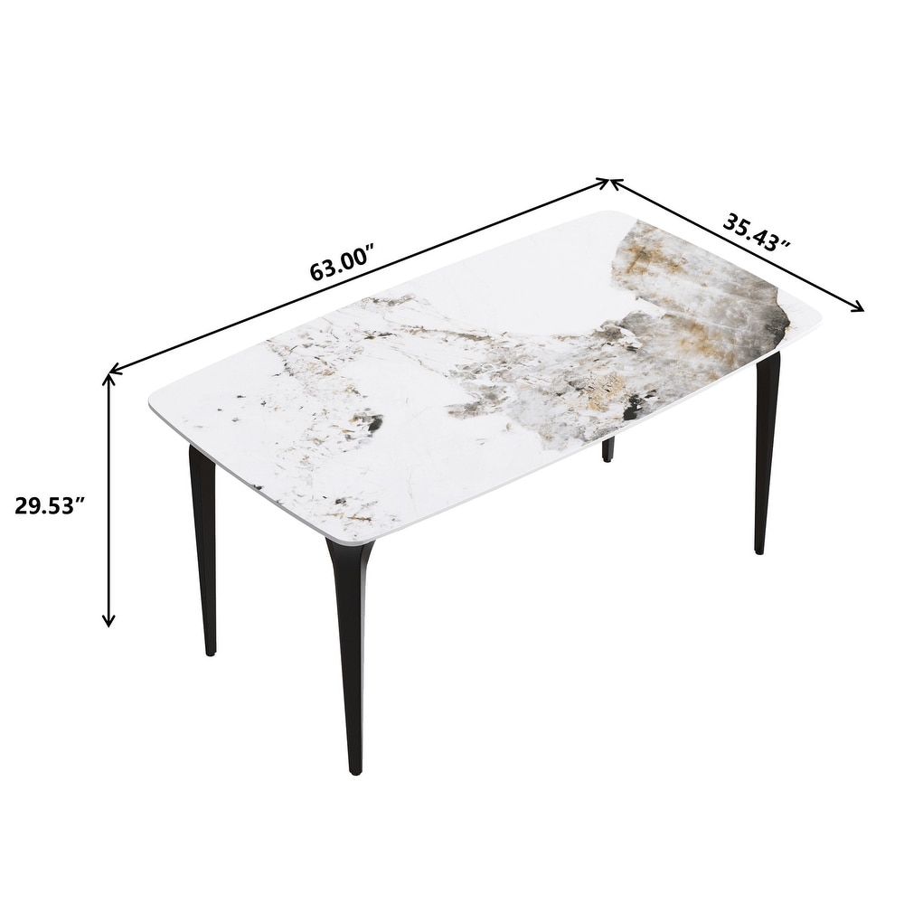 63 Inch White Artificial Stone and Metal Leg Dining Table for 6 People