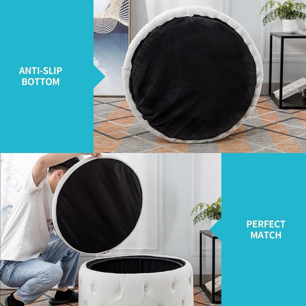 Mixoy Large Round Velvet Storage Ottoman  Button Tufted Footrest Stool