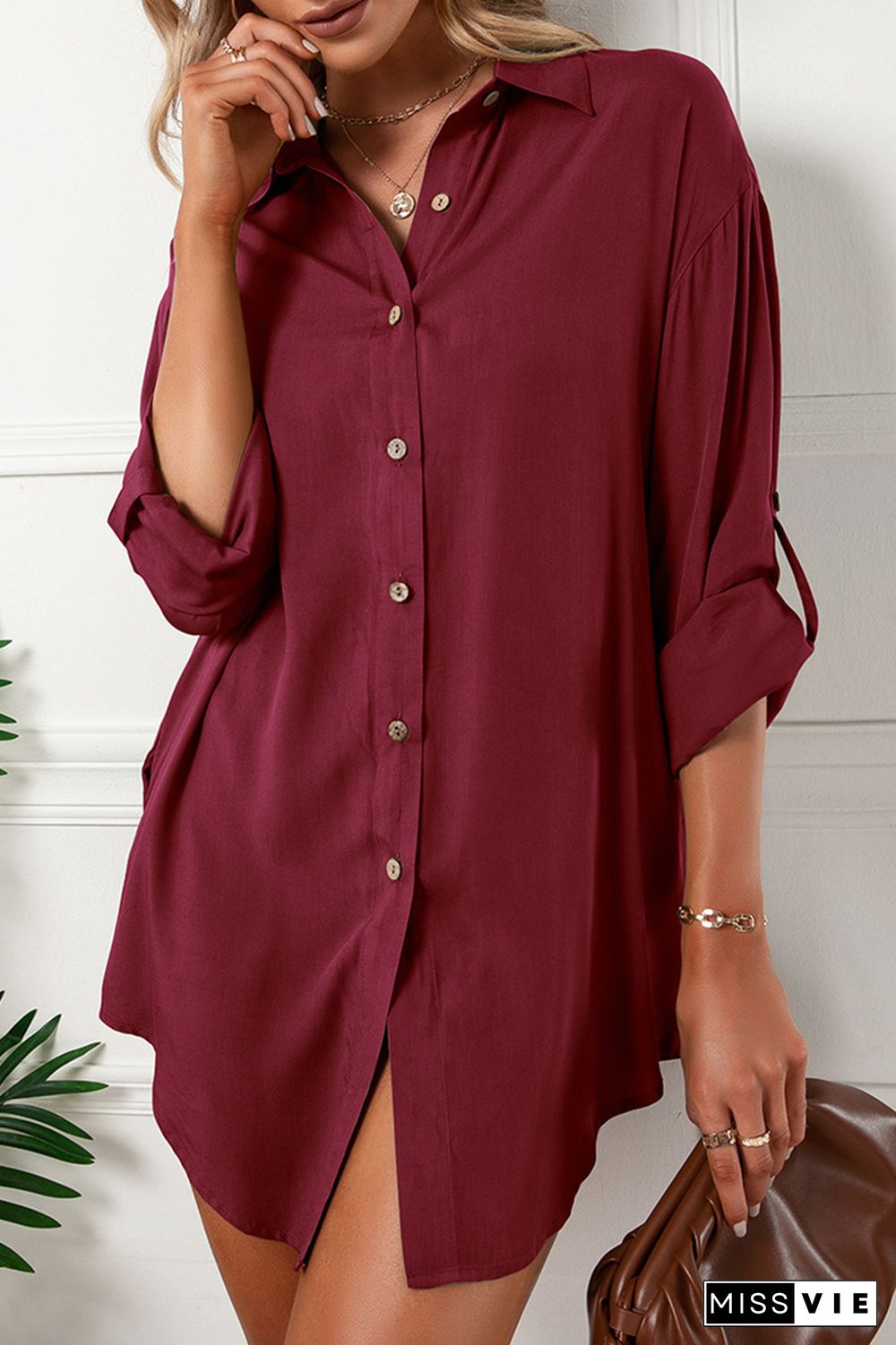 Casual Solid Buckle Turndown Collar Shirt Dress (6 Colors)